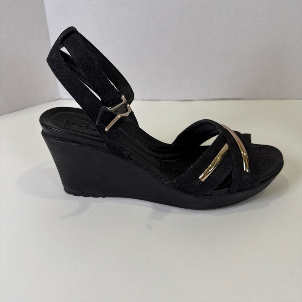 Crocs Women Size 6 Leigh II Metalblock Cross-Strap Ankle Wedge Sandals Black - Picture 4 of 11